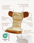Inside Lighthouse Kids Pocket Cloth Diaper. Recycled diaper, PFAS, and Chlorine free. Made with Athletic Wicking Jersey - AWJ. Tummy Panel, Stretchy elastics.