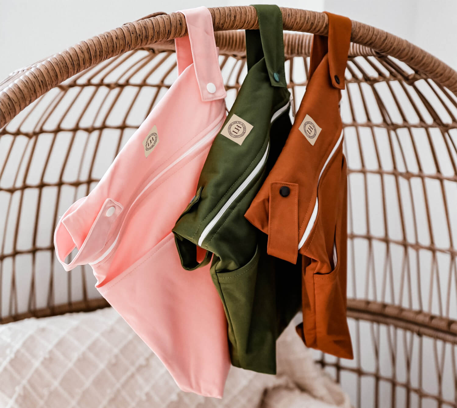 Hanging Pail Wet Bag Cloth Diapers.  Hanging from a closet hook