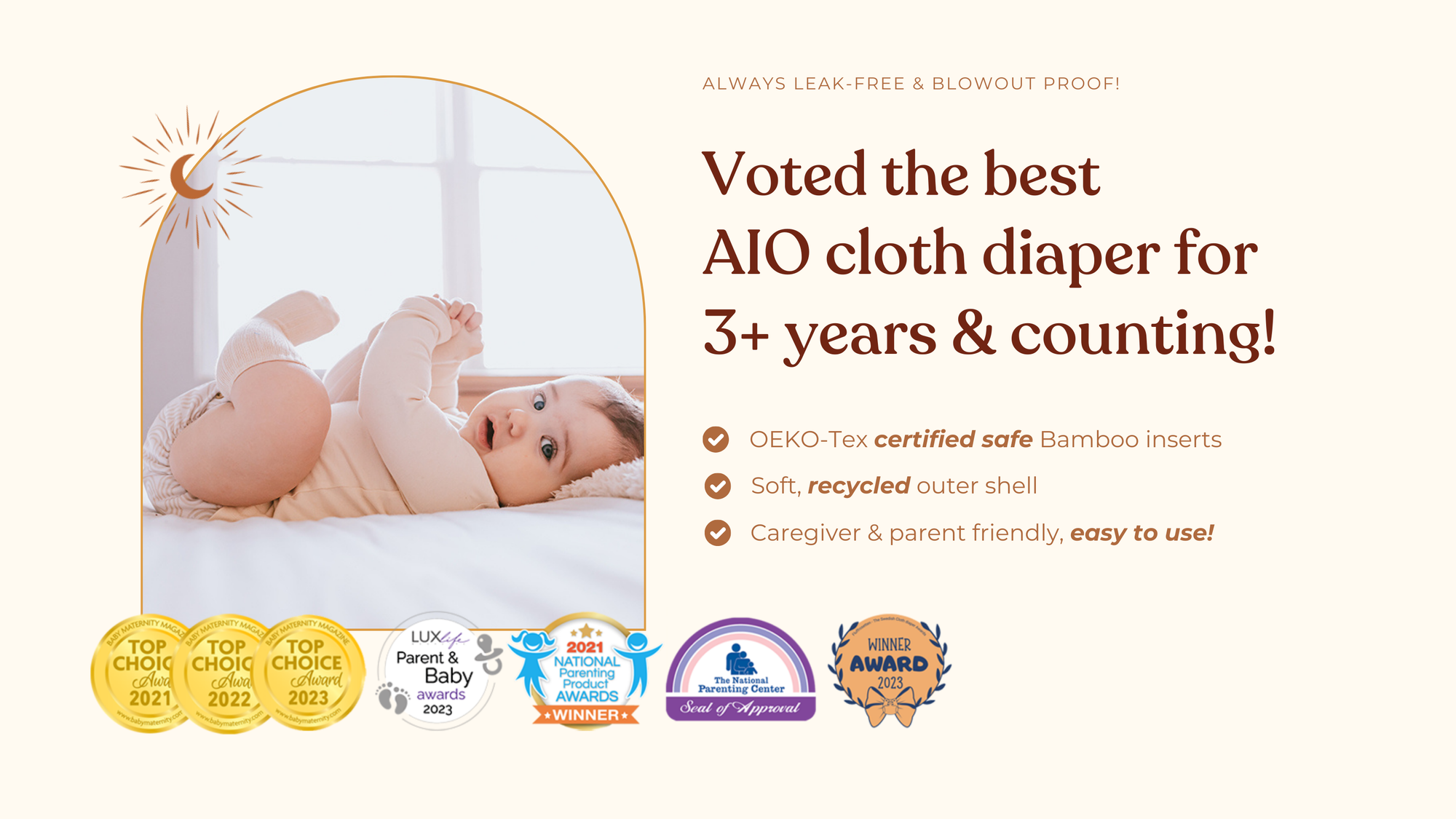 Lighthouse Kids Co. recycled all-in-one cloth diaper is made with Athletic Wicking Jersey AWJ and a Tummy Panel.  Voted best AIO diaper brand for 3 years and counting.  We are a small mom-operated business in Iowa City, IA.