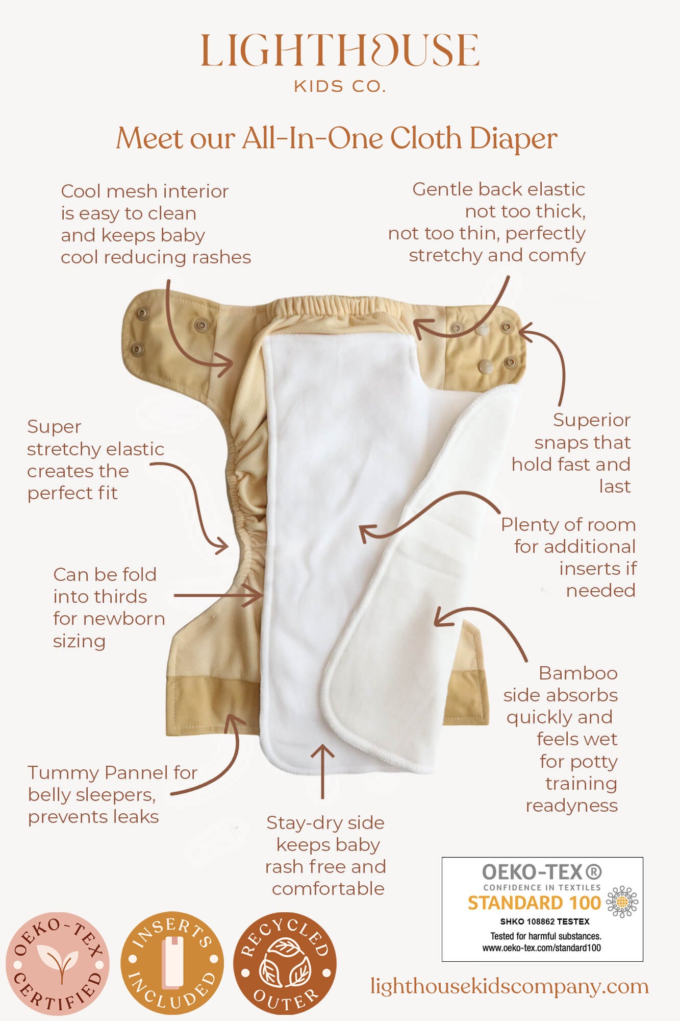 Best recycled All-In-One Cloth Diaper with athletic wicking jersey and bamboo.  Tummy panel, for belly sleepers.  This washable cotton diaper keeps baby dry at night. 