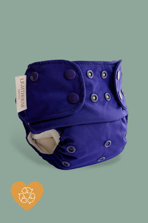 Purple diaper with Lime snap, blueberry lime AIO cloth diaper All-In-One by Lighthouse Kids Company