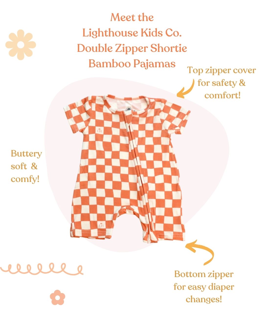 Bamboo Baby Pajamas - Double Zipper - Shorties - Checkers