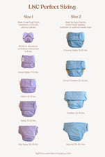 Cloth Diaper sizing chart.  Best washable diaper brand Lighthouse Kids fits babies from 6-55lbs.  Newborn Cloth Diapering to toddlerhood.