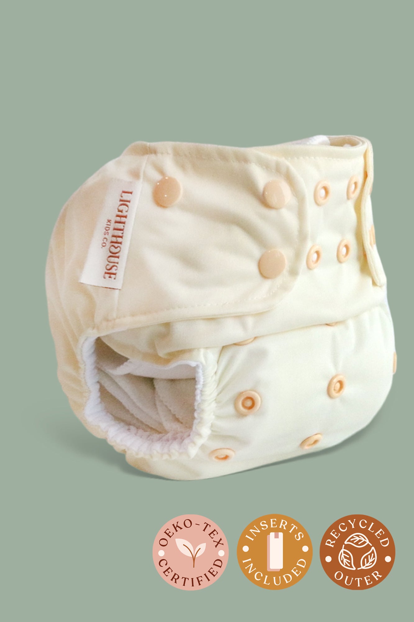 Lighthouse Kids Company All-In-One AIO Cloth Diaper on Baby.  Best Cloth Diaper Brand.  PFAS free cloth diaper