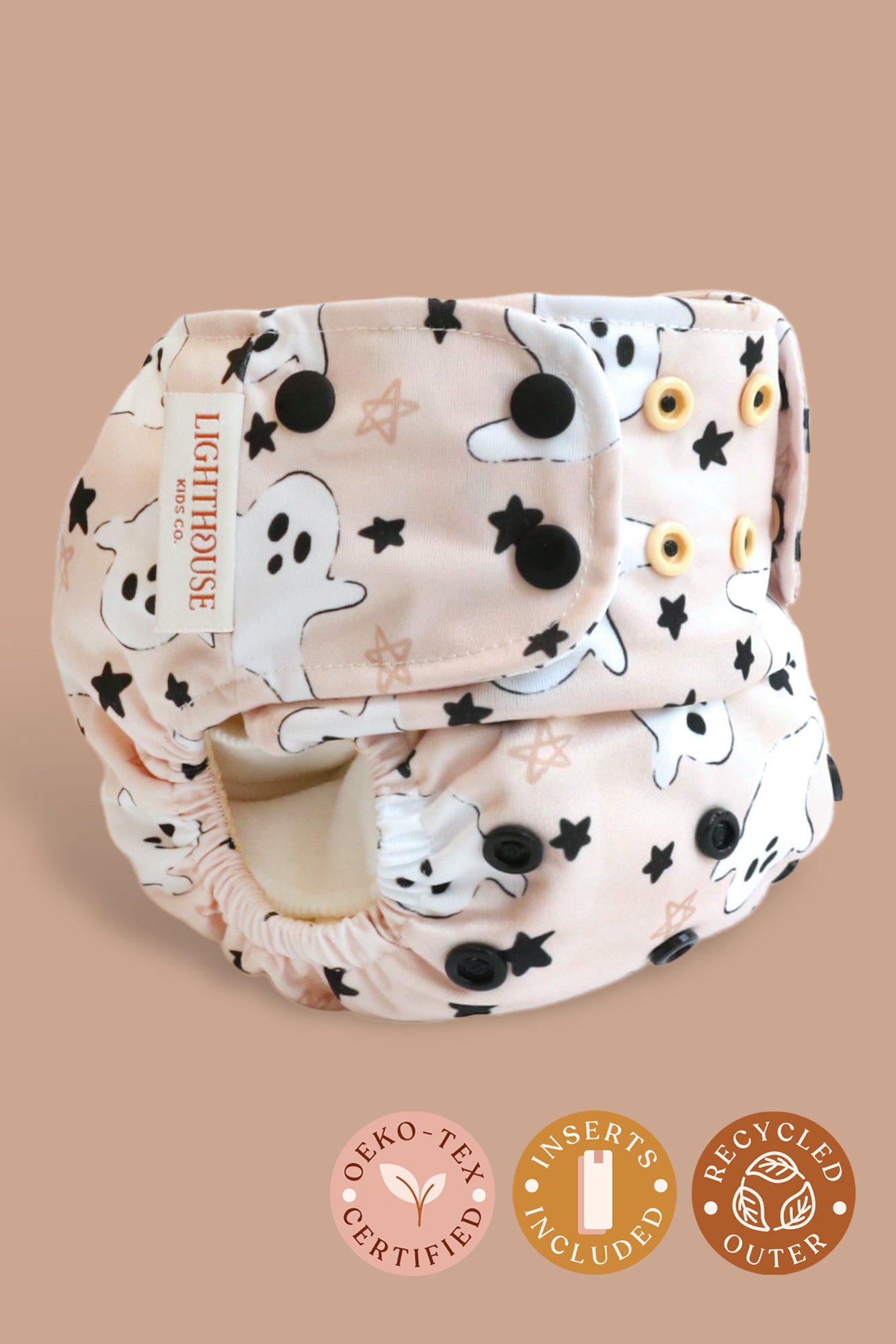 Halloween Cloth Diaper Lighthouse Kids Company All-In-One AIO Cloth Diaper on Baby.  Best Cloth Diaper Brand.  PFAS free cloth diaper