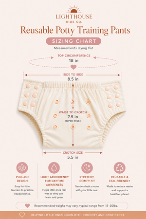 A sizing chart graphic for Lighthouse Kids Co. Reusable Potty Training Pants, showing a diagram of a cream-colored diaper with measurement arrows for top circumference, side-to-side, waist-to-crotch, and crotch size, plus feature callouts below on a light peach background.