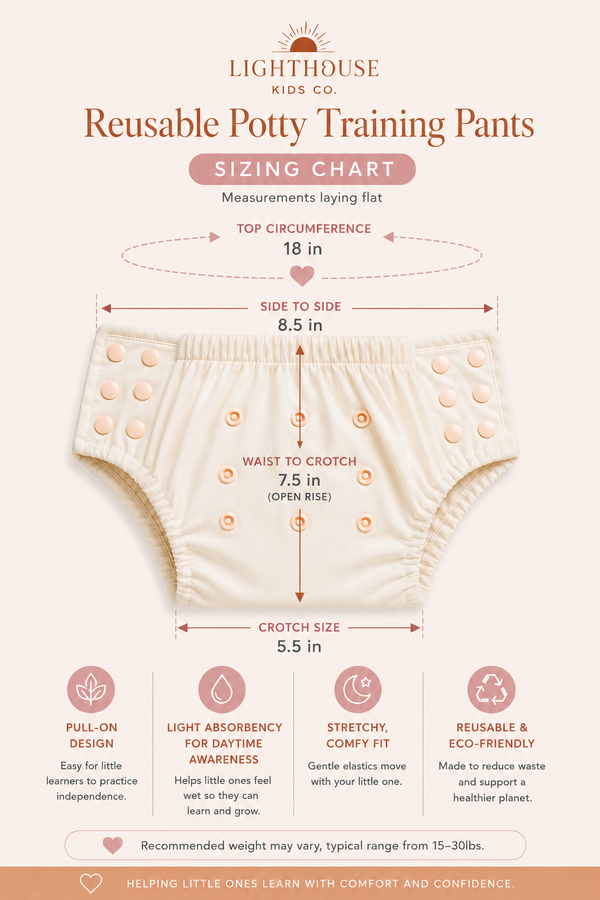 A sizing chart graphic for Lighthouse Kids Co. Reusable Potty Training Pants, showing a diagram of a cream-colored diaper with measurement arrows for top circumference, side-to-side, waist-to-crotch, and crotch size, plus feature callouts below on a light peach background.