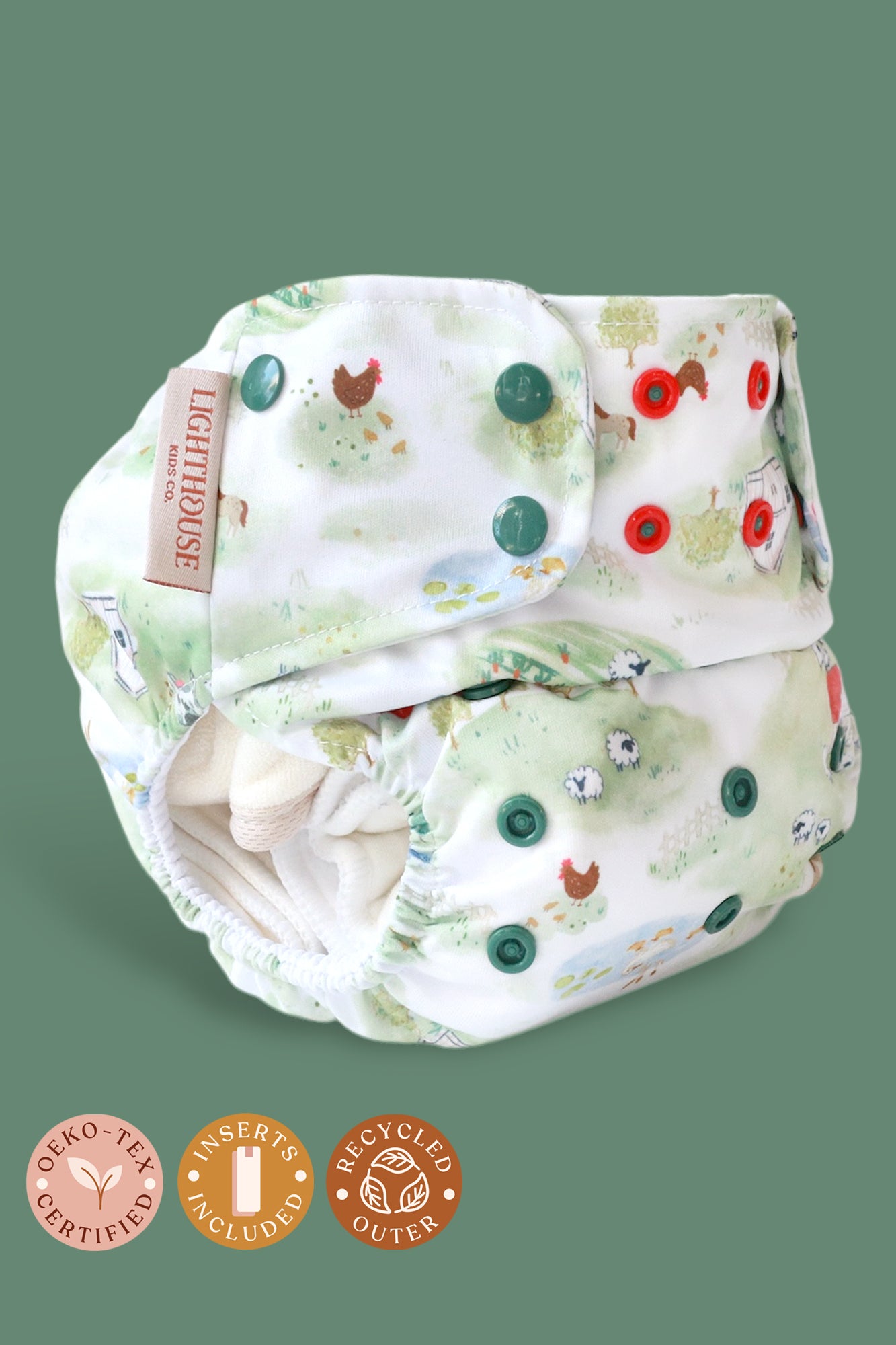 Lighthouse Kids Company All In One AIO cloth diaper with athletic wicking jersey AWJ.  Best Cloth diaper brand.  PFAS free diaper.  Farm print.