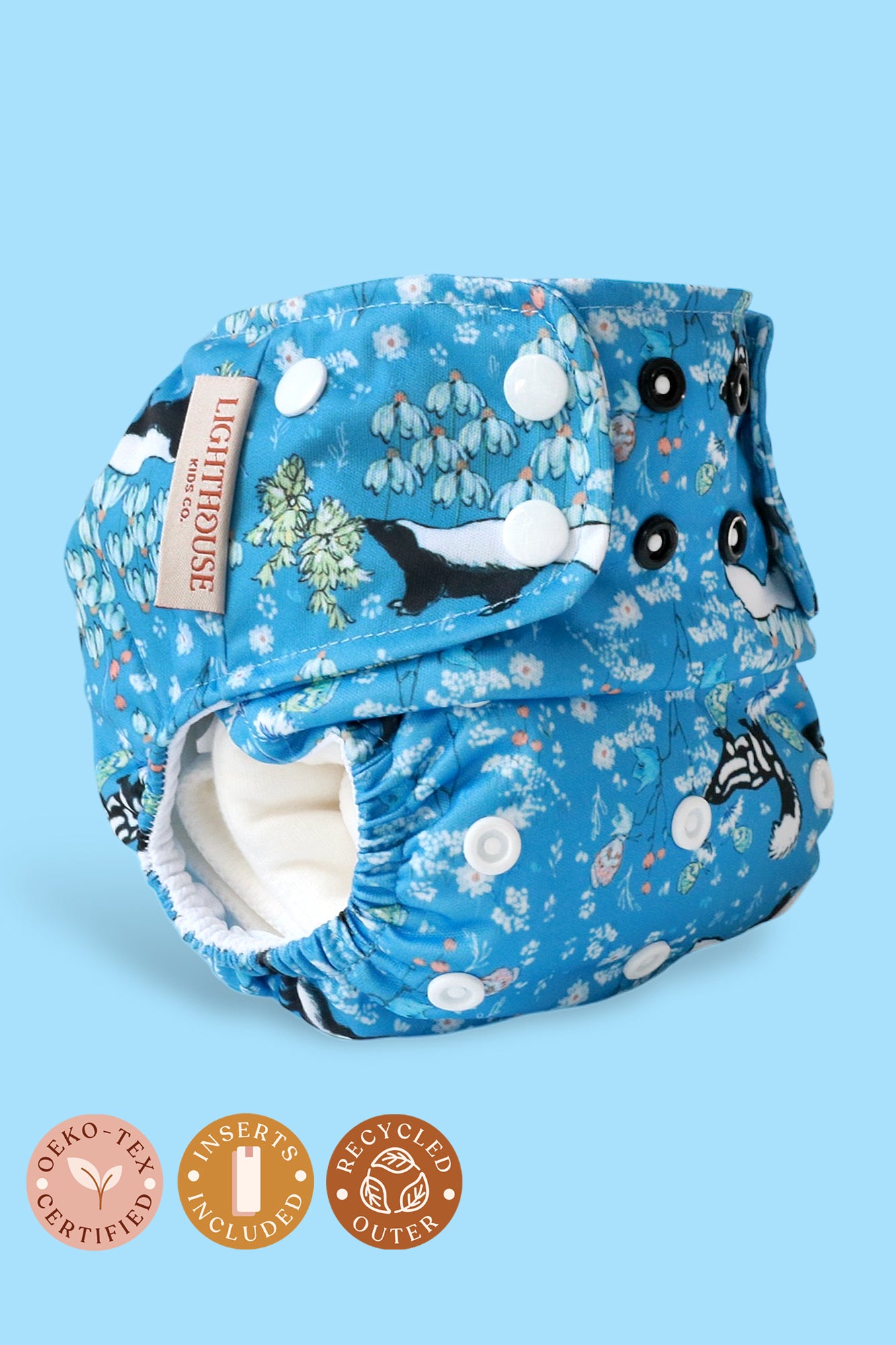 Lighthouse Kids Company all in one AIO cloth diaper with athletic wicking jersey AWJ.  Best Cloth diaper brand. PFAS free cloth diaper. Stinker print
