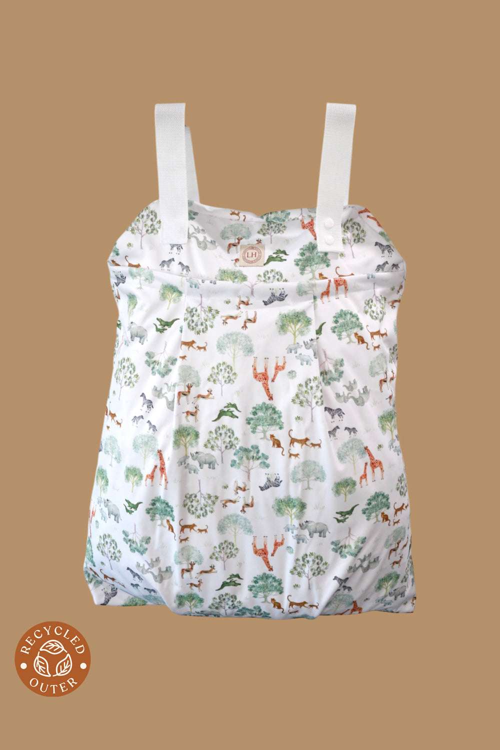 The Lighthouse Kids Company Hanging Diaper Pail is a great solution for storing cloth diapers between washes. 
 Made with 2 heavy-duty layers of recycled TPU, this pail liner keeps smells in and holds approximately 30 cloth diapers. Great for traveling and long outings.  Print Safari