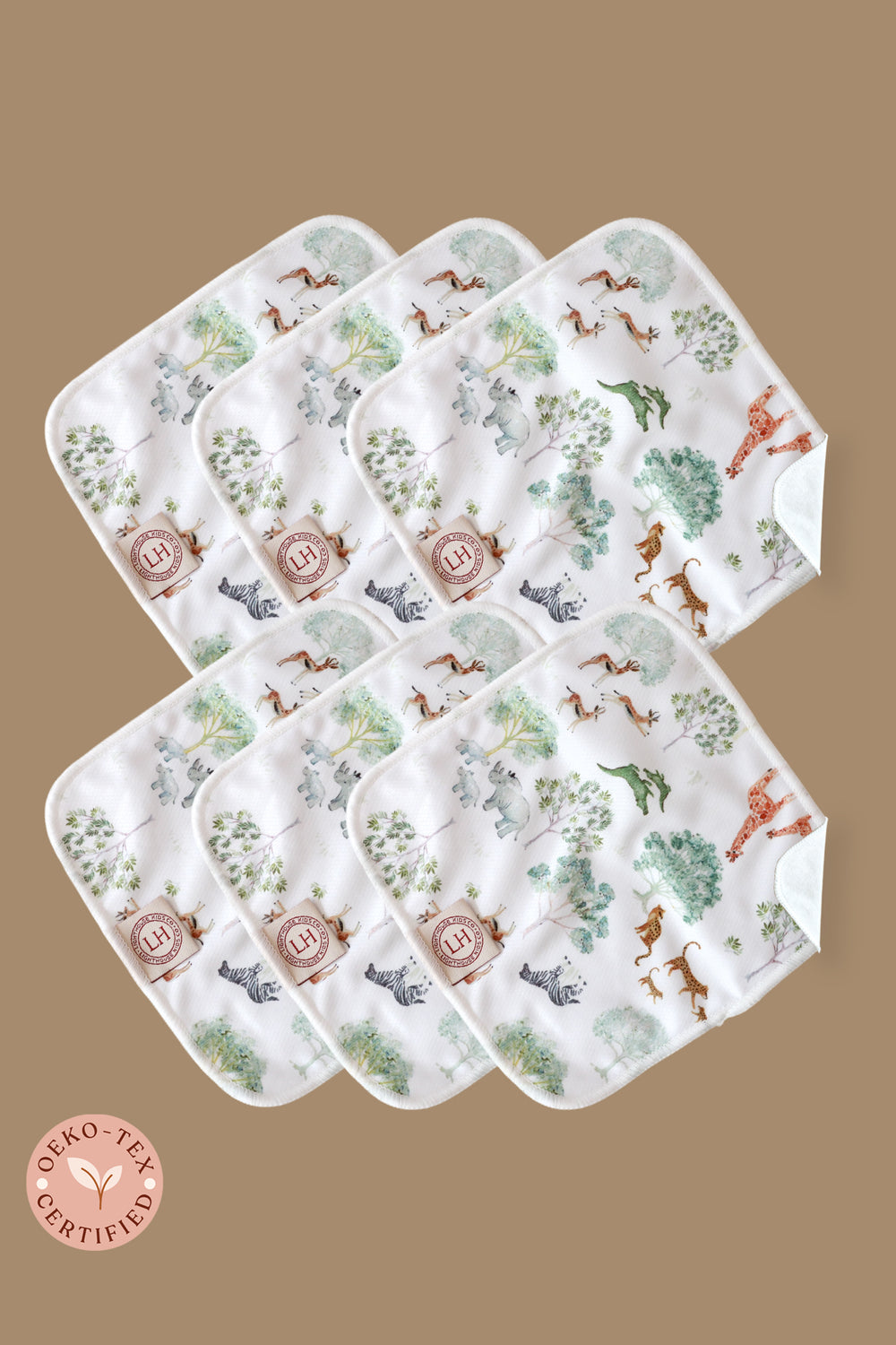 Lighthouse Kids Company Reusable Bamboo and Athletic Wicking Jersey AWJ Cloth Wipes - 6-Pack - Safari