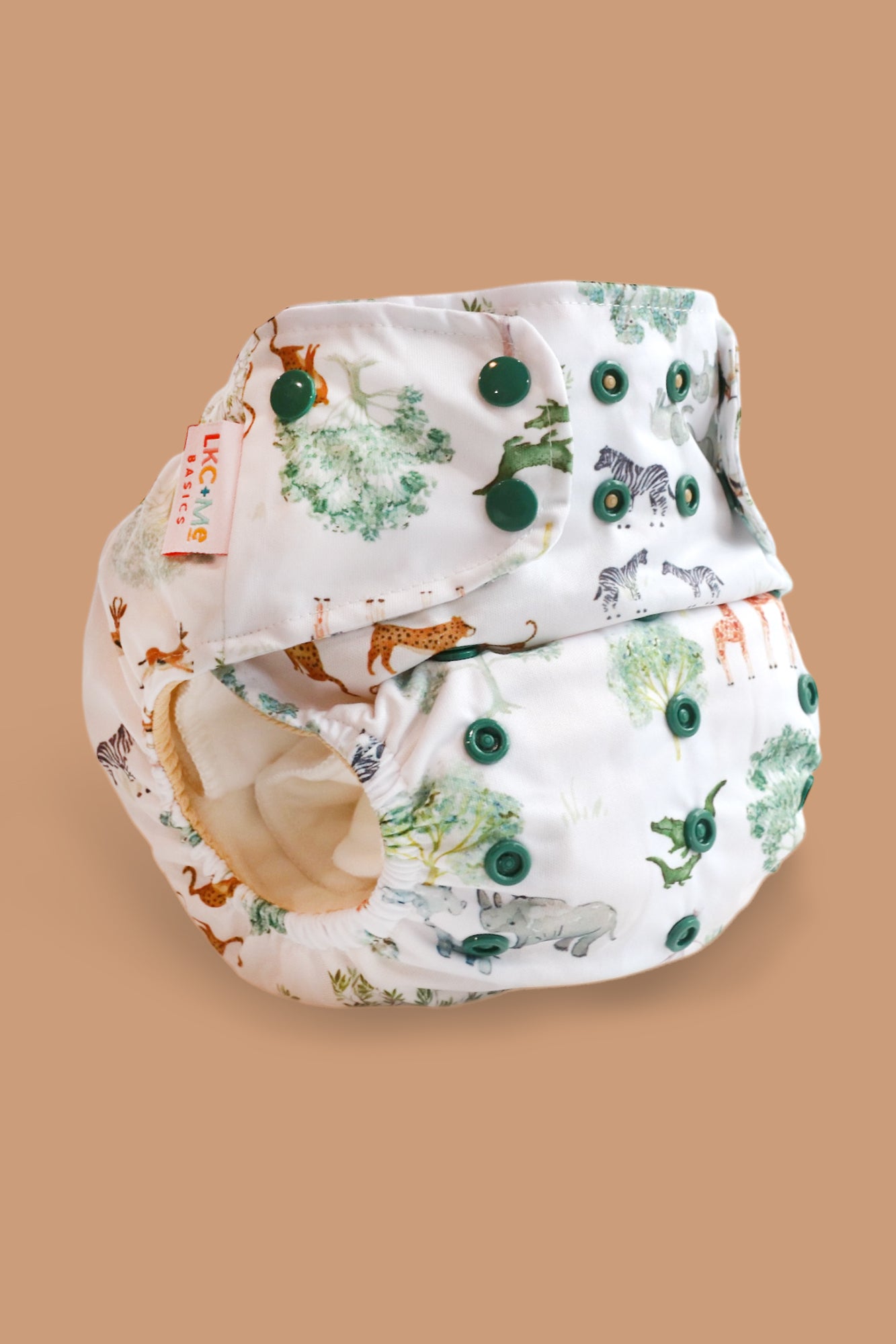 Lighthouse Kids Company Pocket Cloth Diaper with Athletic Wicking Jersey AWJ.  PFAS free cloth diapers.  Best Cloth Diaper Brand. Safari Print.