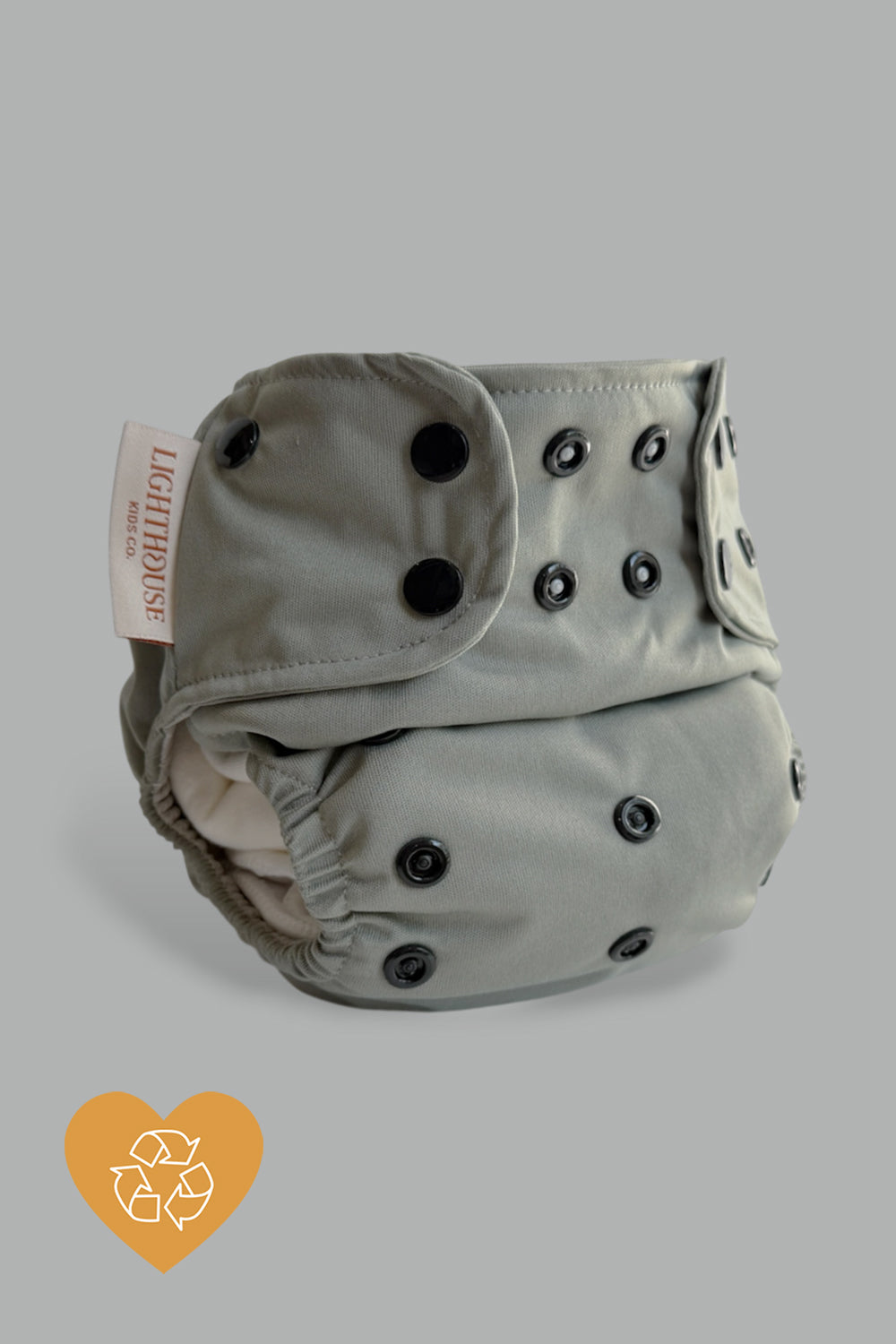 Gray cloth diaper with black snaps all-in-one, aio diaper by Lighthouse Kids Company
