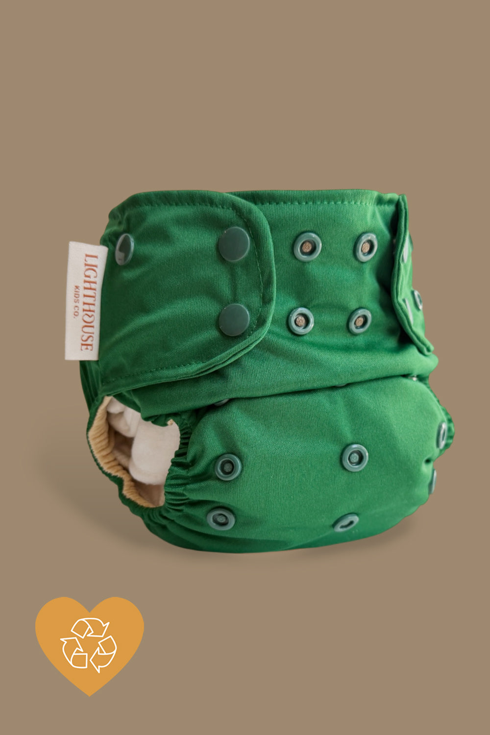 Green Cloth Diaper with Bronze snaps.  Pine All-in-one aio reusable diaper lighthouse kids company