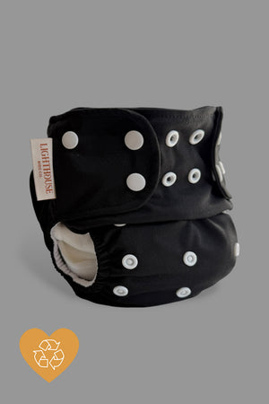 Black Cloth Diaper with White Snaps, All-in-One, AIO diaper by Lighthouse Kids Company
