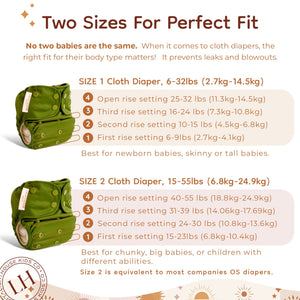 All-In-One Cloth Diaper size chart with information on two sizes for perfect fit by Lighthouse Kids Company.